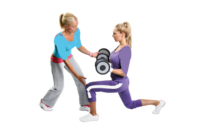 A trainer guiding a client through a lunge with dumbbells